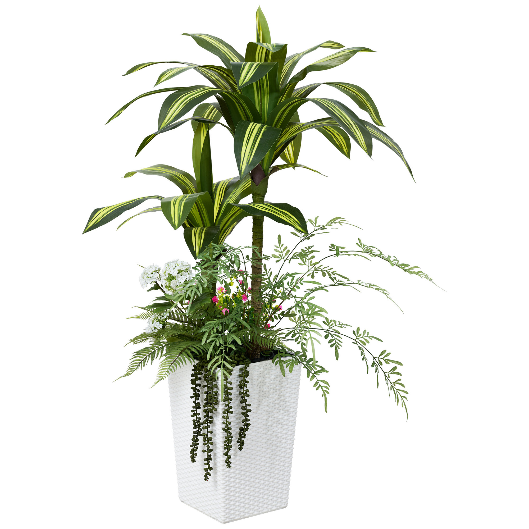 Adcock Artificial Dracaena Tree 4FT - UV Resistant Faux Dracaena with Tapered Planter and Decorative Plants, White, 1