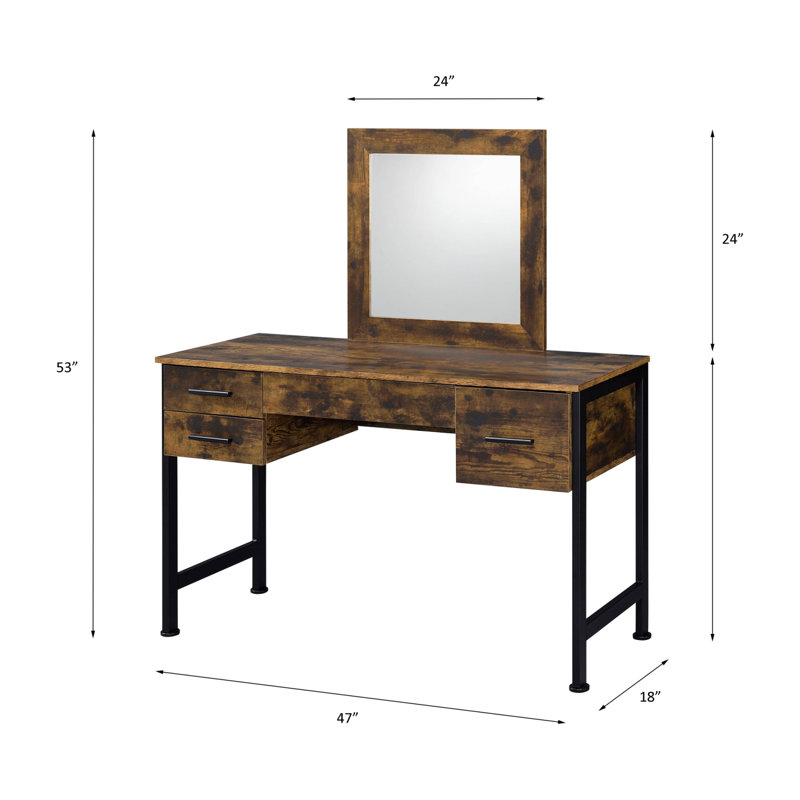 Rustic Oak & Black Finish Vanity Desk & Mirror