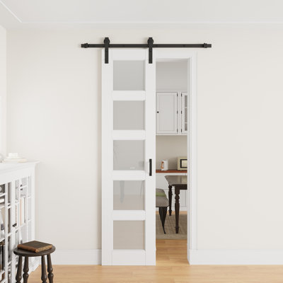 24" × 96" 5-Lite Tempered Frosted Glass Sliding Barn Door with Finished Surface, Ready to Use All Installation Hardware Kit Included, Can Be Repainted, No Assembly Required