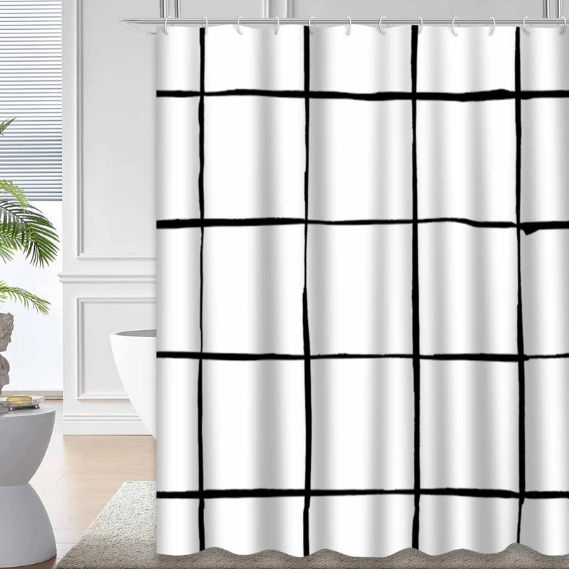 Trendy Checkered Striped Ornament White Shower Curtain with 12 Hooks, 72" L x 78" W