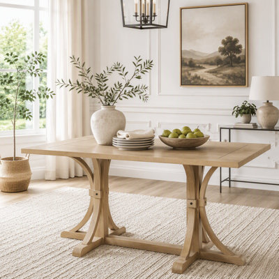Solid Wood Dining Table with Trestle Base and Curved Legs