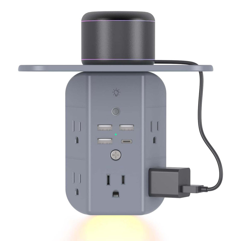 Wall Outlet Extender With Shelf, Night Light, Surge Protector, 5 Ac Outlets, 3 Usb A Ports, 1 Usb C, 3-sided Multi Plug, Gray