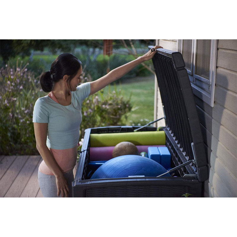 Gray Plastic Wicker Lockable Deck Storage Box Bench
