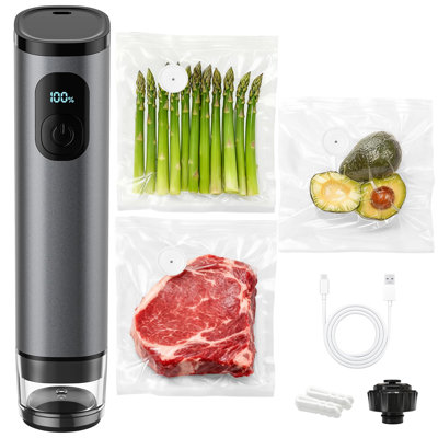 Aspirateur portatif en métal GVode, scellant alimentaire portatif 60kPa avec réservoir amovible, 30 sacs et 2 pinces pour la cuisine, le camping, le rangement de voyage, gris