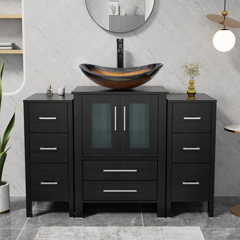 Meuble-lavabo simple 48 po avec lavabo vasque Sharee, comptoir en bois manufacturé, robinet et drain Sharee, Noir, Brun