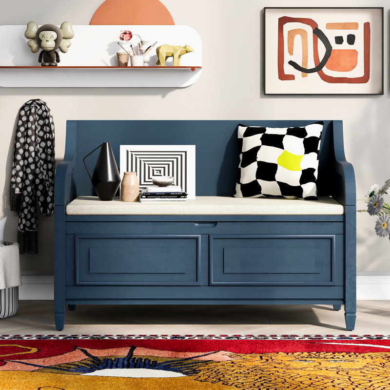 Linen Upholstered Storage Bench, Antique Navy