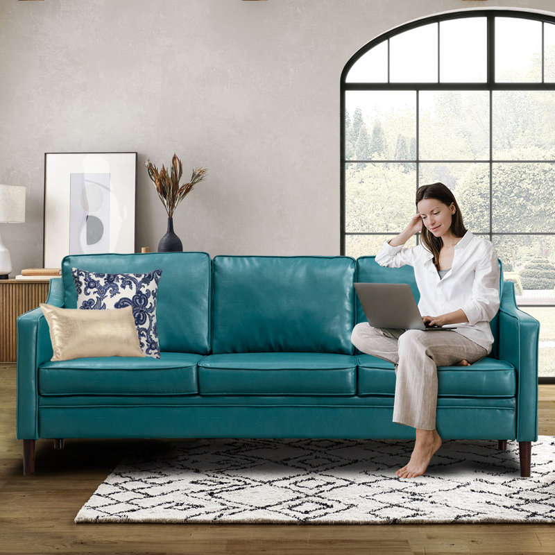  Jannae 80" Vegan Faux Leather Upholstered Square Arm Sofa, Jannae Ocean Blue Faux Leather