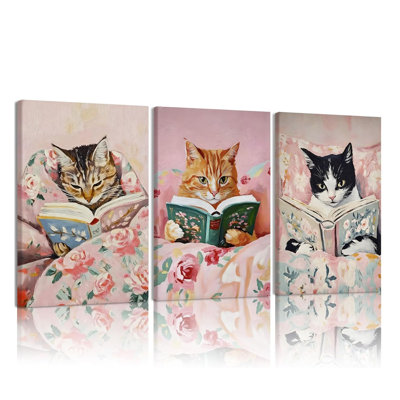 3 pièces Chat mignon lisant sur toile Art animalier amusant lisant des livres Décoration murale, chat fantaisiste, peintures, impressions, convient à la chambre à coucher, coin d'enfant, chambre d'enfant, encadré de 12 x 16 pouces