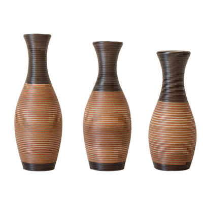 Hand-Woven PVC Rattan Vases Set Of 3 With Graduated Heights, Earthy Striped Design, And Versatile Floor Or Shelf Decor Function.