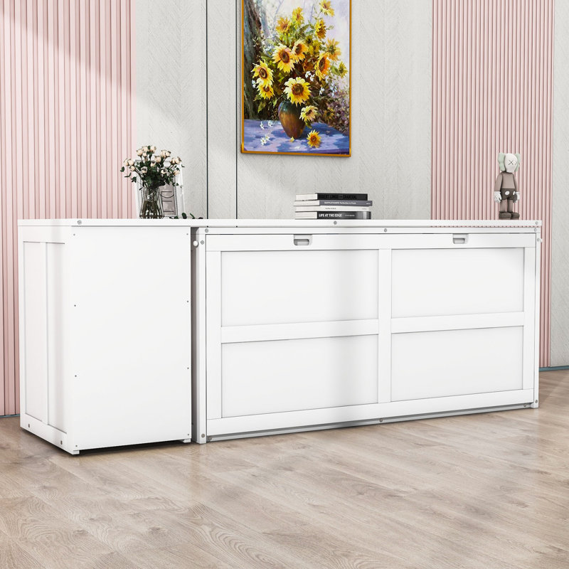 Grand lit escamotable avec bureau rotatif Calletano, Blanc