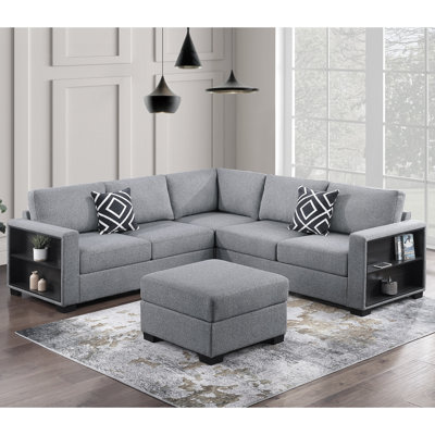 4-Piece Boucle Upholstered L-Shaped Sectional With Cocktail Ottoman In Grey