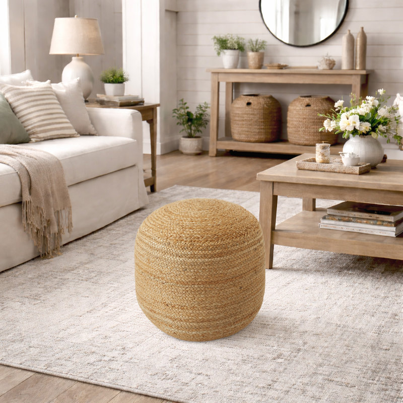Hand-Braided Natural Jute Pouf Ottoman 18" W x 18" D x 18" H, Round Foot Stool, Cylinder