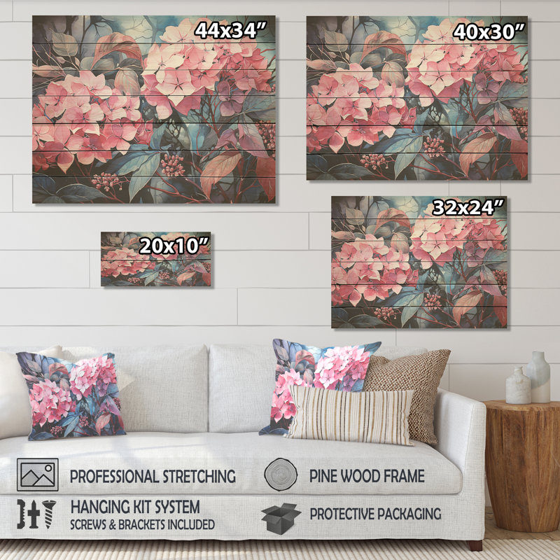 Élégance d'hibiscus tropical rose III - hortensia sur bois, H 34 po x l 44 po x P 0,78 po