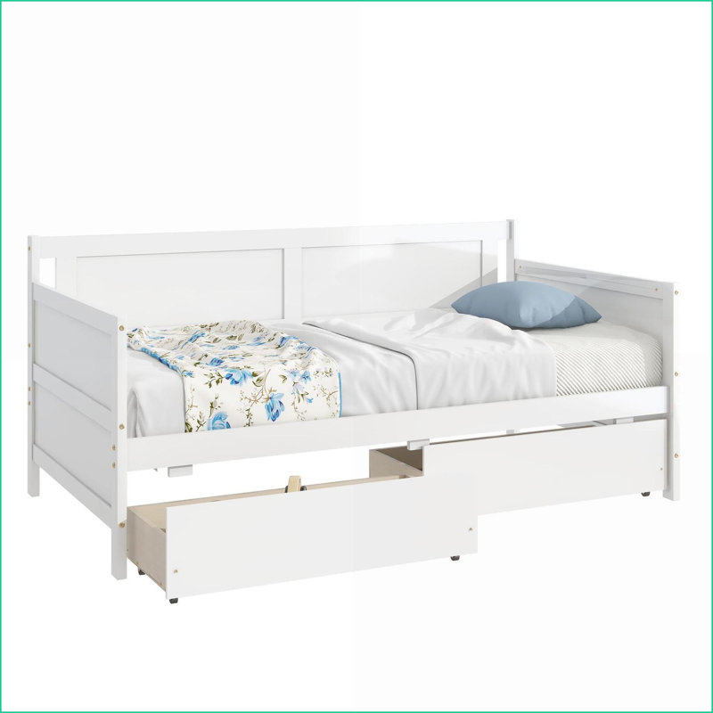 Twin Size Solid Pine Wood Storage Daybed with 2 Drawers – No Box Spring Needed, White for Guest/Living Room, White