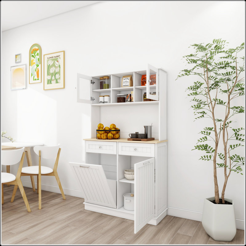 Armoire de rangement pour poubelle de cuisine de 67,7 pouces de hauteur avec 3 tablettes réglables, 2 tiroirs et 1 compartiment à poubelle inclinable pour espaces polyvalents