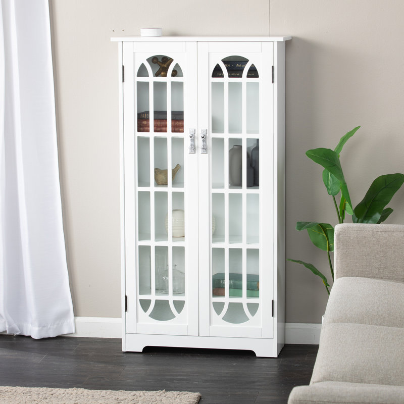 Armoire multimédia à panneau de fenêtre noire, Blanc / argent antique