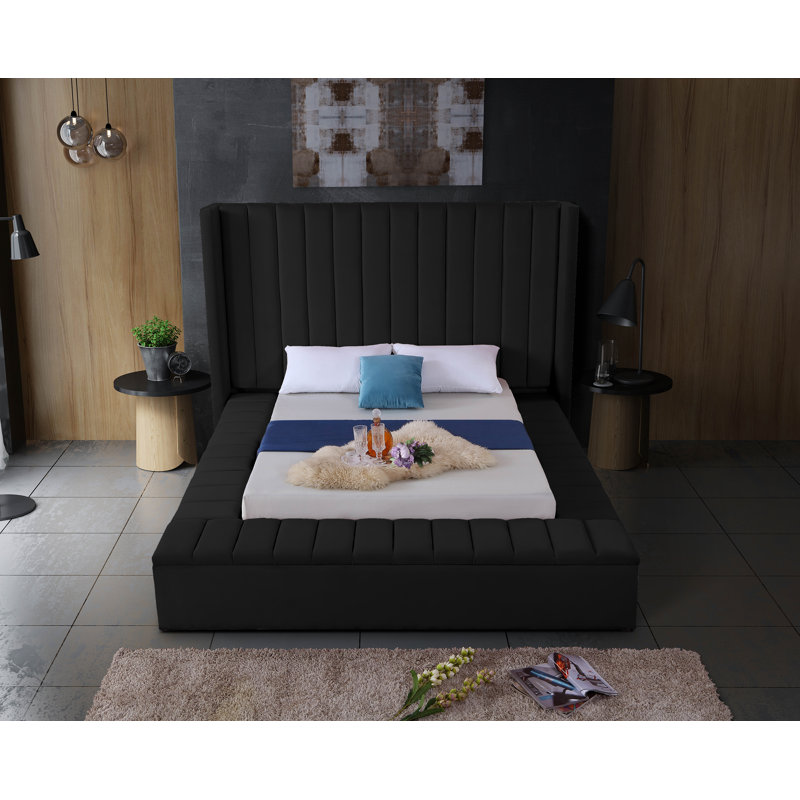 Rick Upholstered Wingback Bed, King, Black Velvet