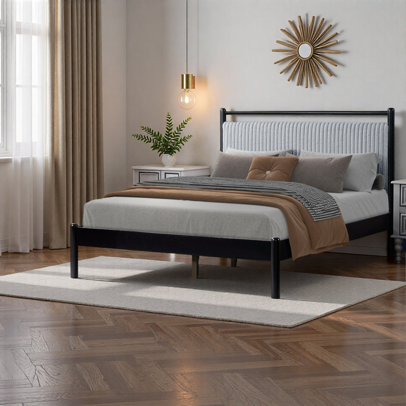 Base de lit en bois avec tête de lit moelleuse, Complète