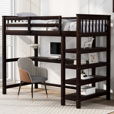Lit mezzanine simple avec tablettes de rangement et bureau sous le lit