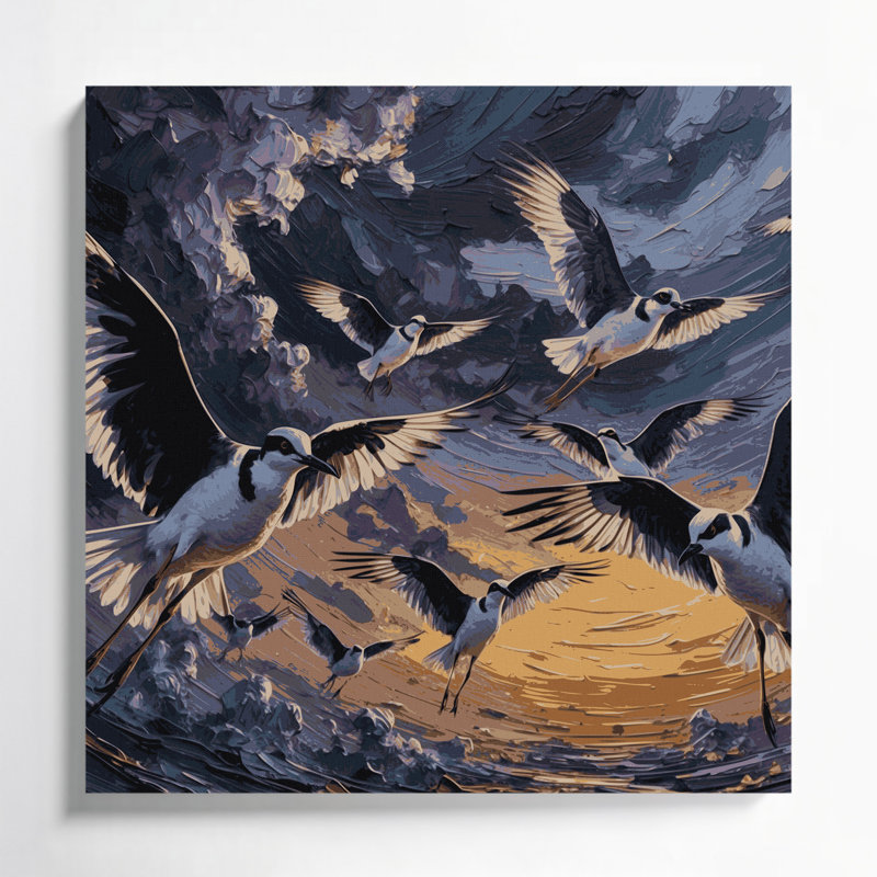 Oiseaux sur toile grise, H 12 po x l 12 po