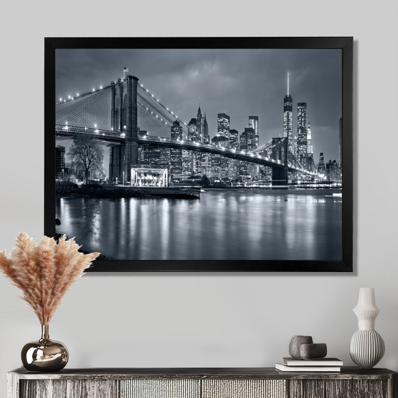 Panorama de la ville de New York la nuit, photographie sur métal, H 12 po x l 20 po, Impression encadrée, Noir