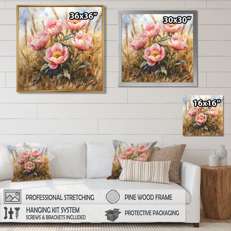 Pivoines dans le champ de blé I - pivoines, art mural, Impression encadrée flottante, Crème, crème, H 16 po x l 16 po