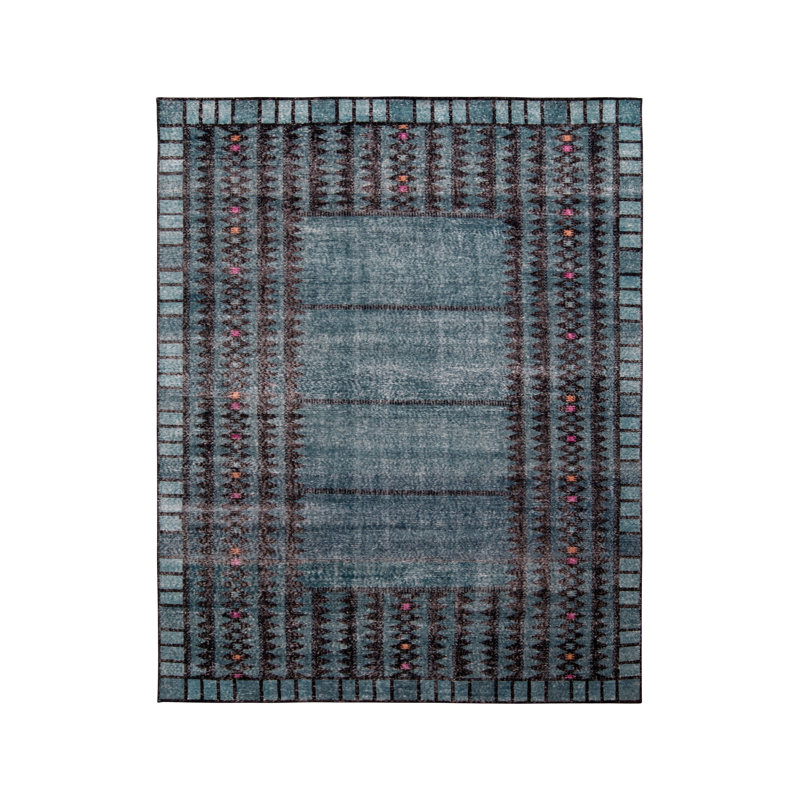 Rug & Kilim’S Distressed Scandinavian Rug In Blue Geometric Pattern, Rectangle 8' x 10', Blue/Black