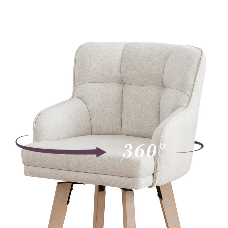 26''H Upholstered 360°Swivel Counter Height Bar Stools, Wood Legs Kitchen Island Chairs, Beige Seat/ Natural Frame, 2