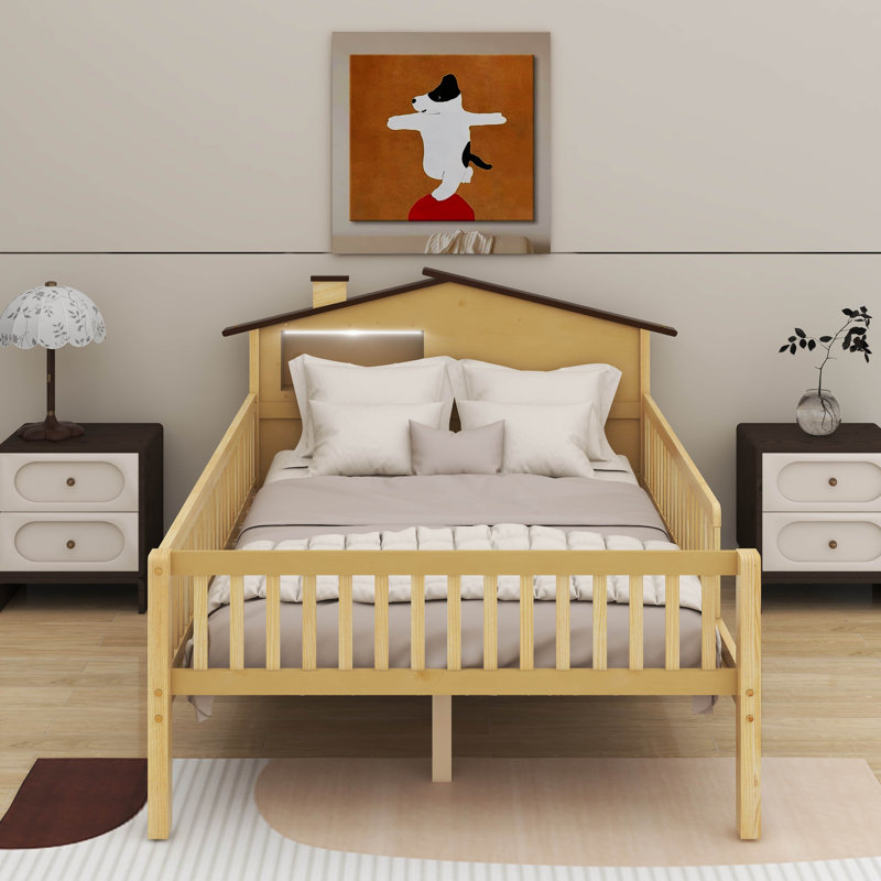 Lit plateforme en bois avec tête de lit en forme de maison et DEL, Lit double , Naturel