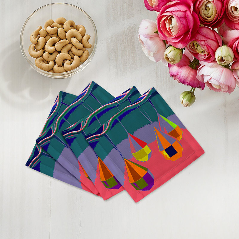 Ornaments Cotton Sateen Cocktail Napkins, Coral Teal
