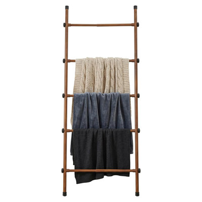 Adjustable Width 5-Tier Blanket Ladder, 17.3"-32.3" Expandable Metal Quilt Rack with Wood Grain Finish
