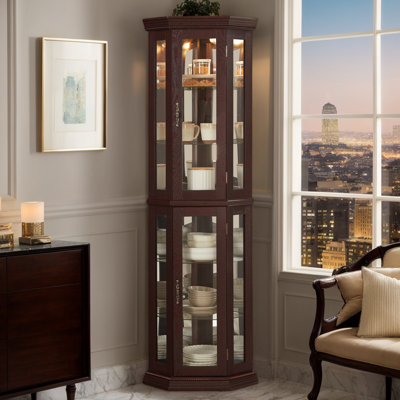 Eyisean Corner Curio Cabinet with Light Bulb, Tempered Glass Doors, Floor Standing Glass Display Cage with 6 Tempered Glass Shelves, Wine Cabinet Storage Rack for Bar and Liquor Storage