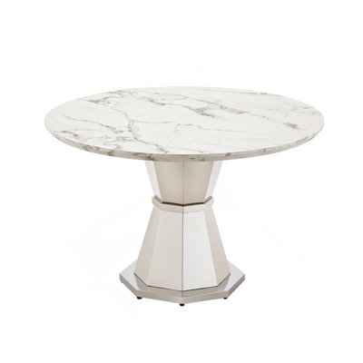 Table de salle à manger ronde en marbre, table de cuisine moderne avec plateau en faux marbre ultrabrillant et base en acier inoxydable pour la salle à manger, cuisine (table seulement)