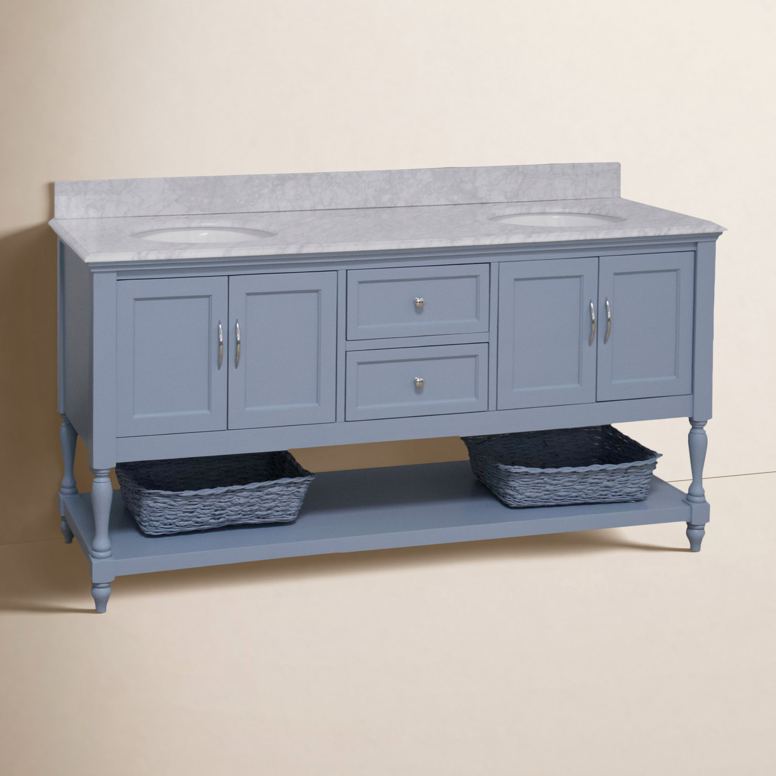 72 " Pine Double Bathroom Vanity, Powder Blue, Carrara Marble
