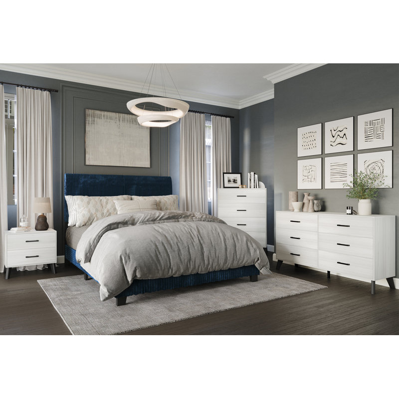 Ensemble de chambre à coucher 4 pièces en velours côtelé Pravesh, Bleu marine / gris pâle, Double