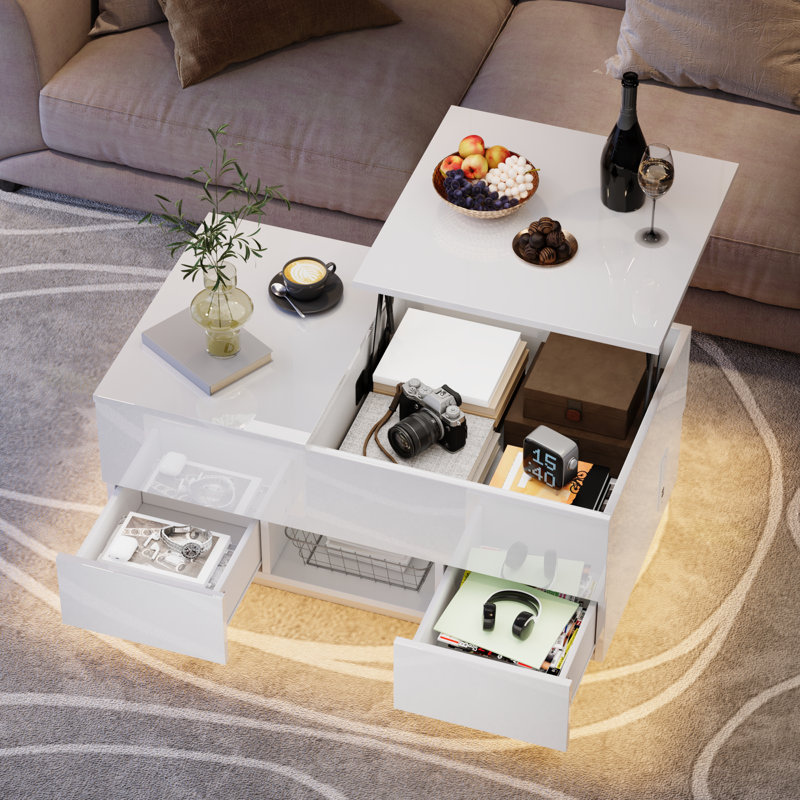  High Glossy LED Coffee Table With Lift Top Storage & 2 Drawers & Charging Station, White