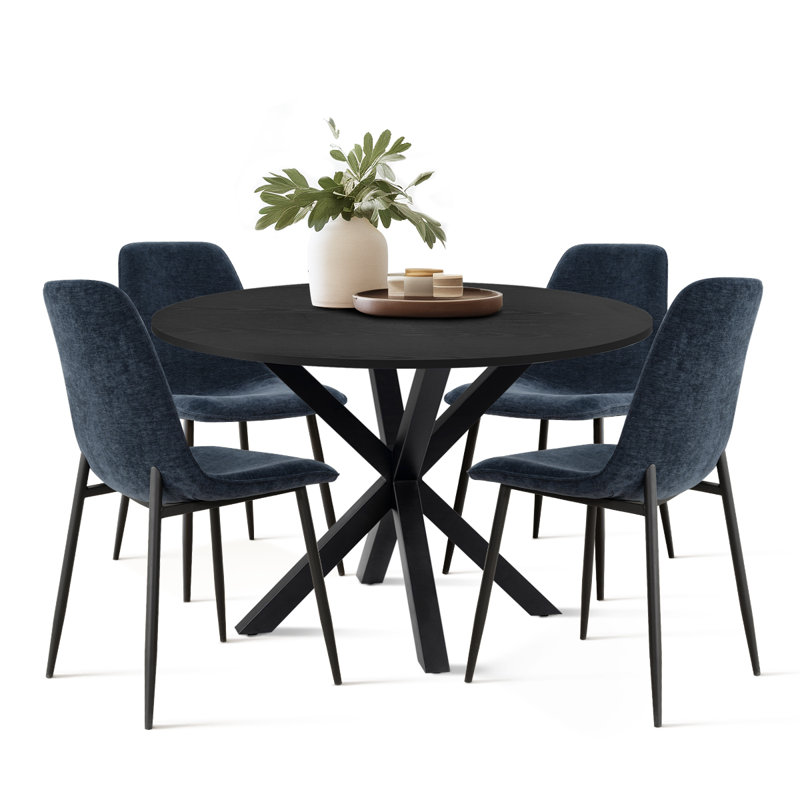 Folmar 39.5" W 5-Piece Round Dining Set with Chenille Chairs, Dark Blue