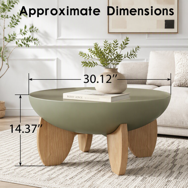 Table basse ronde moderne de 76 cm (30 po), table basse en forme de bol avec pattes en bois massif, plateau lisse peint, montage facile, style milieu du siècle