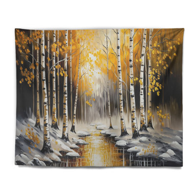 Monochrome Golden Birch Trees By The River I Polyester Tapestry