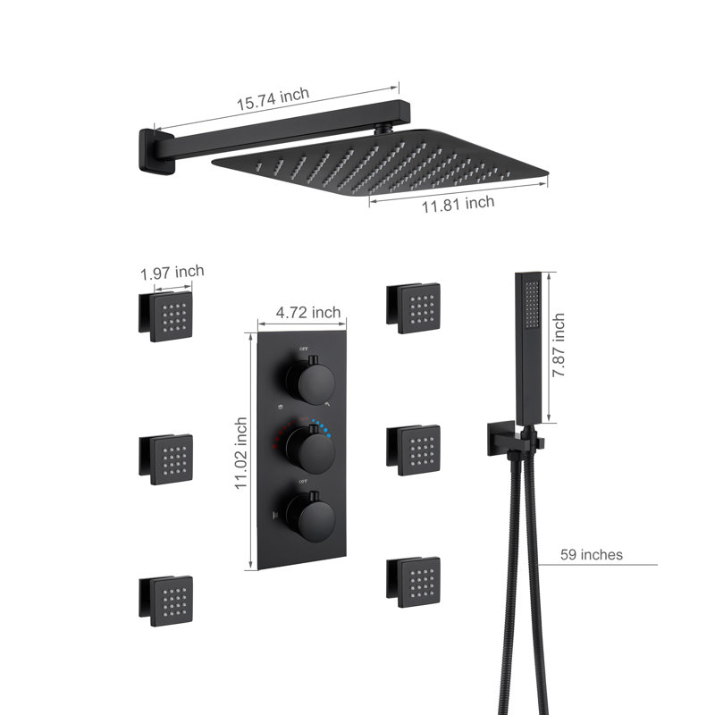 Matte Black Thermostatic Shower System with Handheld Spray and Body Jets
