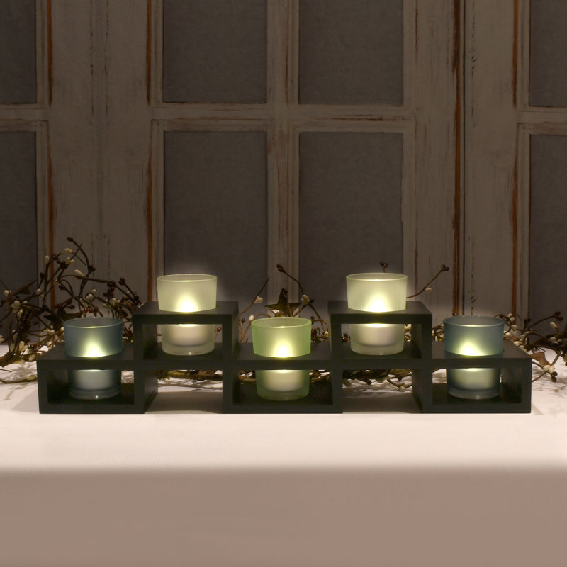 Ensemble de 5 petits porte-votives en verre et bois