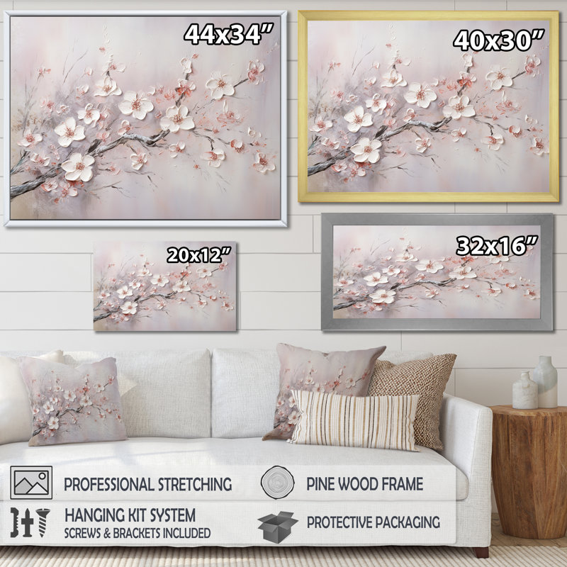 Rose et gris, fleur de cerisier, impression encadrée de fleurs roses, H 24 po x l 32 po, Toile tendue, Sans cadre
