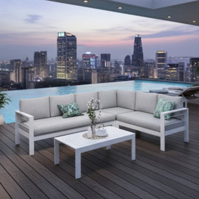 Ensemble de conversation modulaire en aluminium 4 pièces pour patio, canapé 7 places avec coussins gris clair épais et structure blanche et table basse