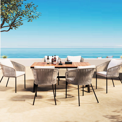 7 pièces pour l'extérieur - Plateau de table en bois et structure en métal pour profiter du jardin, de la cour arrière, du balcon et du balcon