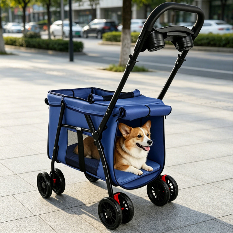 Poussette pour animal de compagnie, conception pliable à 4 roues, poussette pour chien en maille respirante avec roues antichoc, système de frein, plateau de rangement, 2 laisses de sécurité fixes, grand espace pour petits animaux de compagnie de taille moyenne, bleu marine