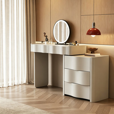Khaki Grey Minimalist Wavy Vanity Table with Drawer Cabinet