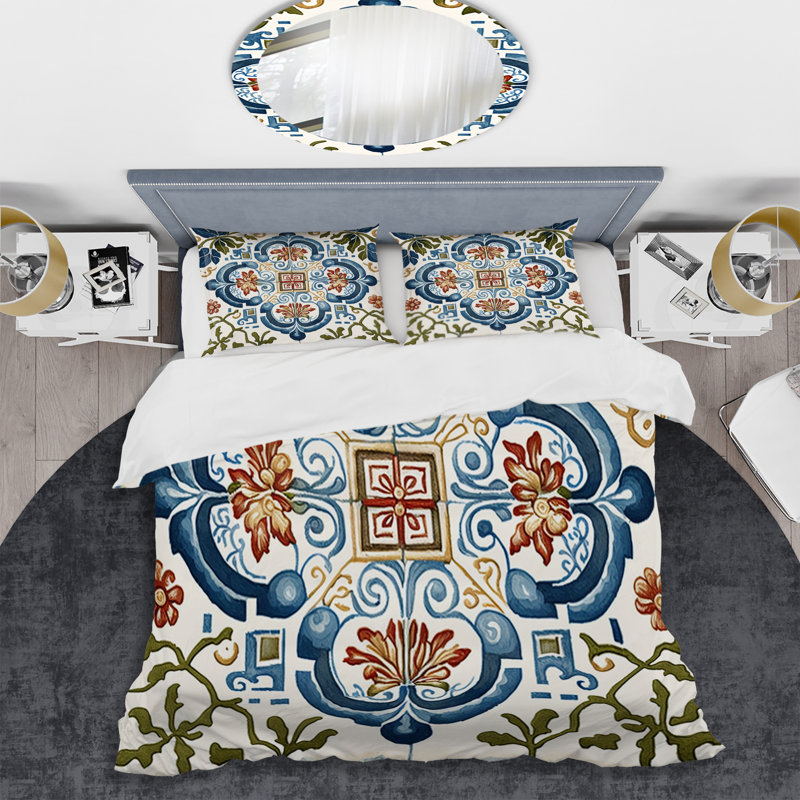 Mediterranean Tiles In Retro Blue I BeddingMicrofiber / Polyester Duvet Cover Set, Queen Duvet Cover + 2 Standard Shams