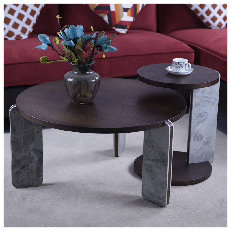 Ensemble de tables basses gigognes modernes en noyer avec base en pierre frittée, H 16,02 po x l 32,68 po x P 32,68 po