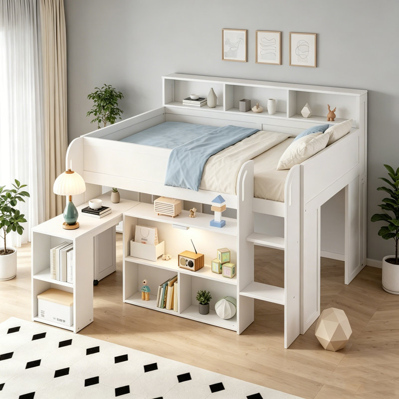 Lit mezzanine double en bois blanc avec bureau intégré, plusieurs tablettes de rangement et éclairage DEL, White