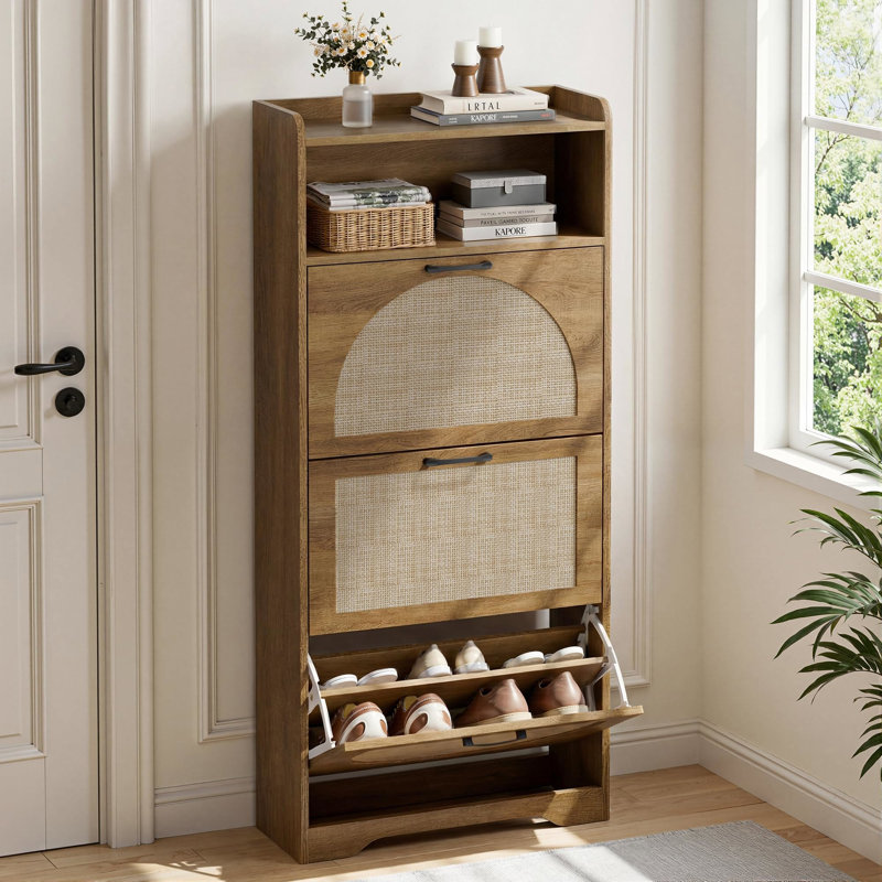 Rattan Shoe Storage Cabinet, Narrow Shoe Storage Unit with 3 Flip Drawers